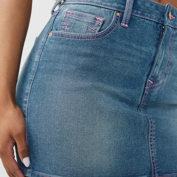 True Religion Blue Denim Mini Skirt with Pink Stitching - Picture 4 of 6